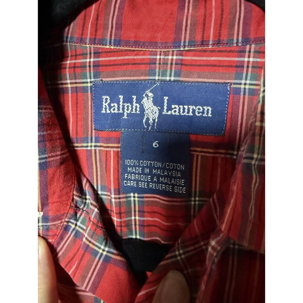 Ralph Lauren Plaid Button Down Shirt 6 Red Green Tartan Gold Crest Embroidered - Picture 4 of 8